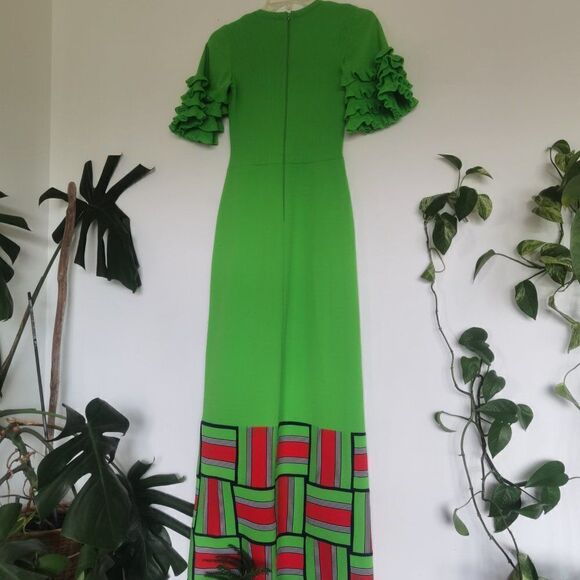 Rare Designer Vintage 70sΒ Dressβin Neon Lime Green Maxi Ruffle PuffβSleeves - Picture 7 of 8